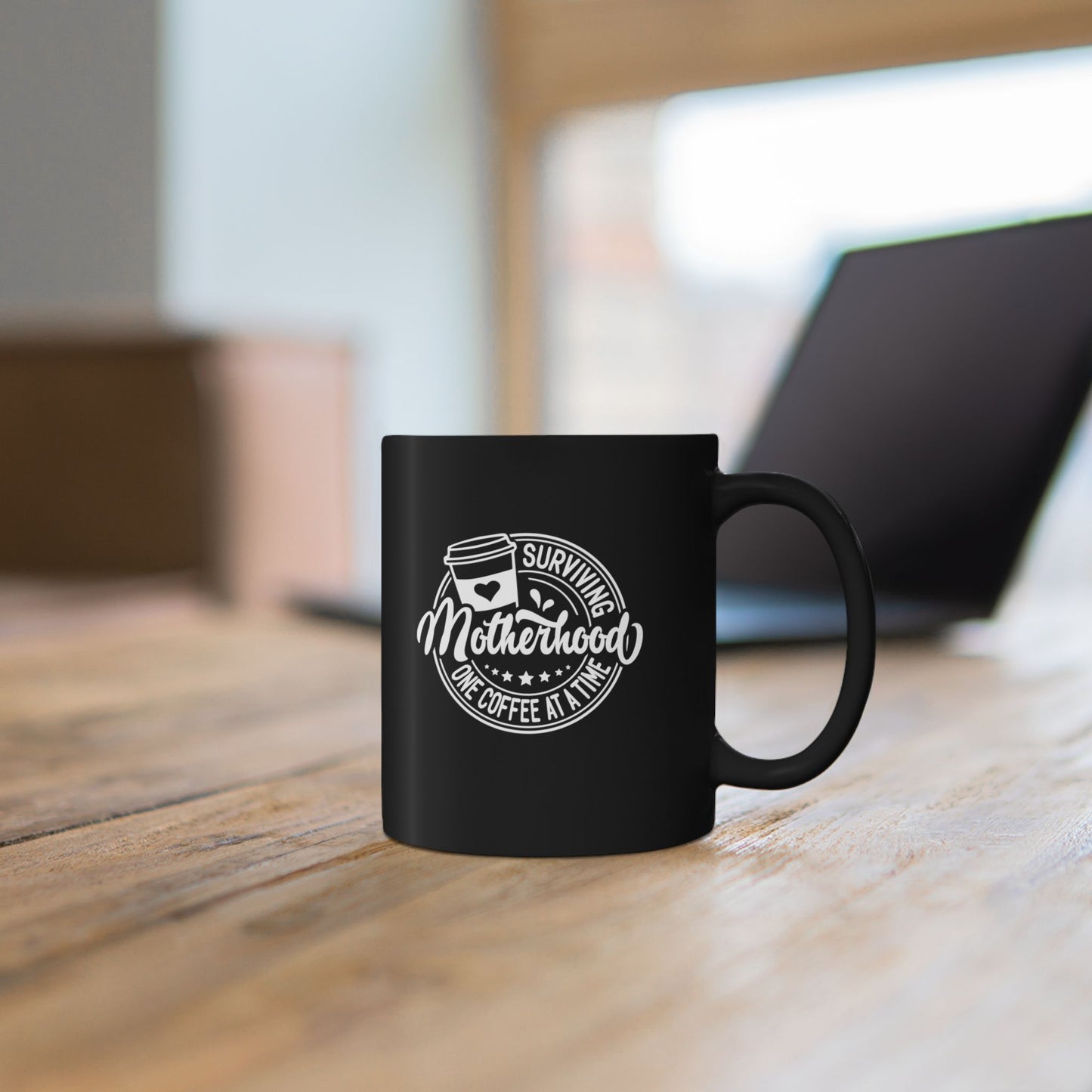 "Surviving Motherhood One Coffee at a Time" Steadfast Black Ceramic Mug