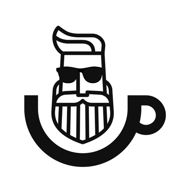 Black and white logo with a stylized letter 'U' featuring a beard and sunglasses on a white background